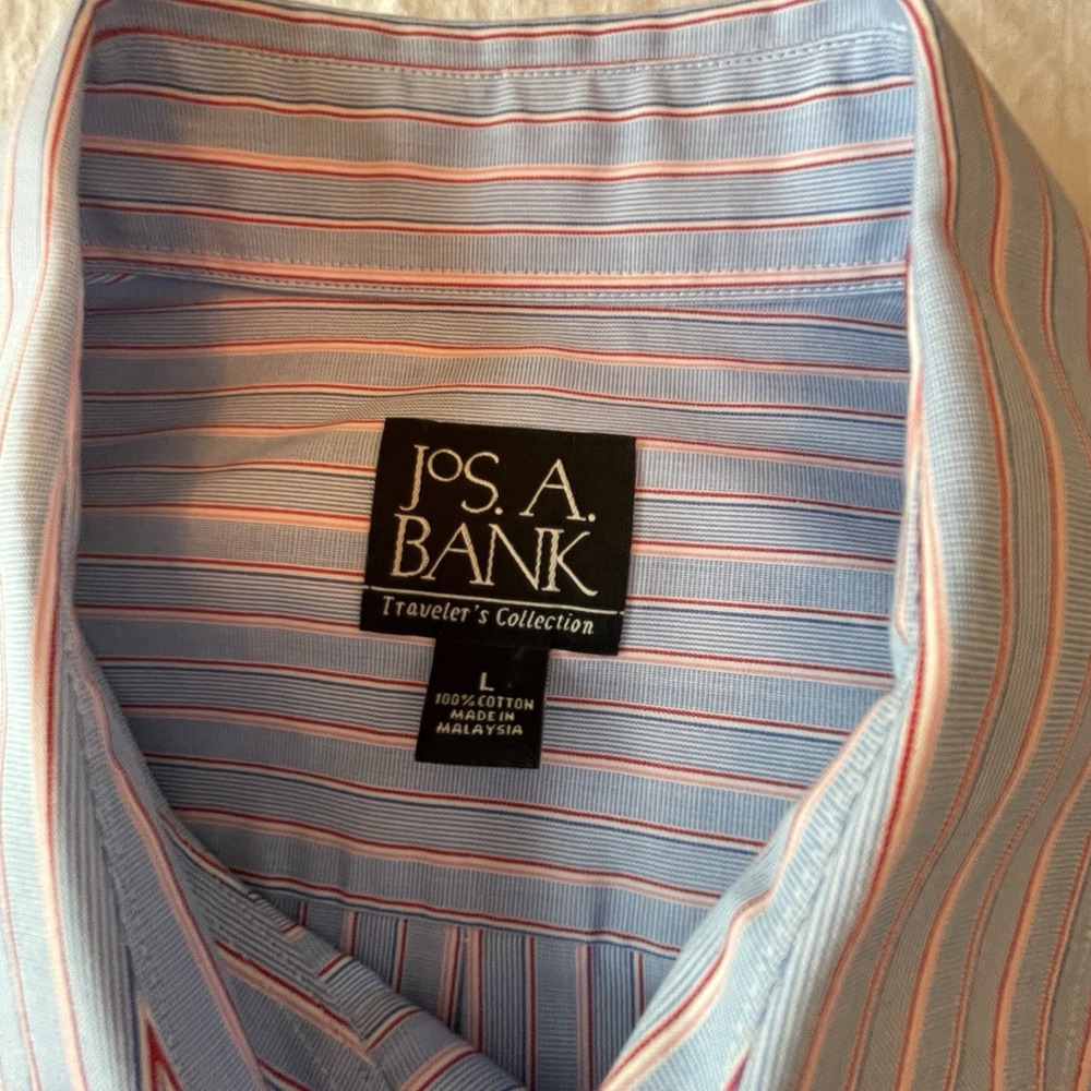 Jos A Bank Men's Blue Pink & White Striped Cotton Casual Shirt Lg Travelers Long
